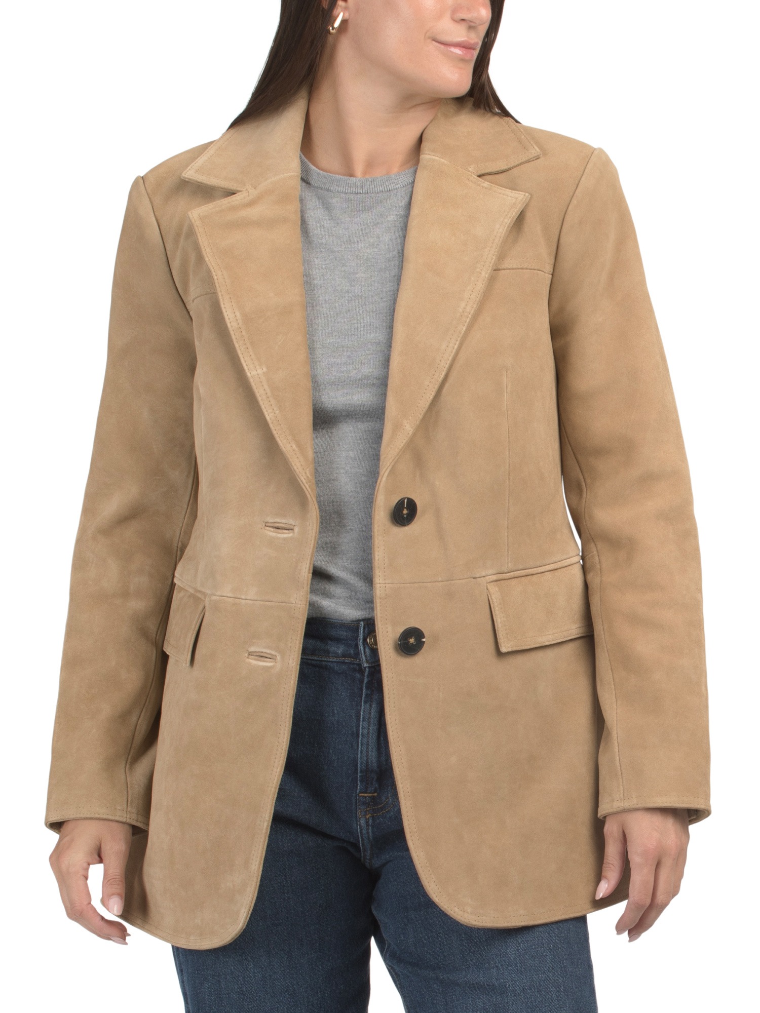 AVEC LES FILLES, Genuine Suede Notch Collar Blazer Coat