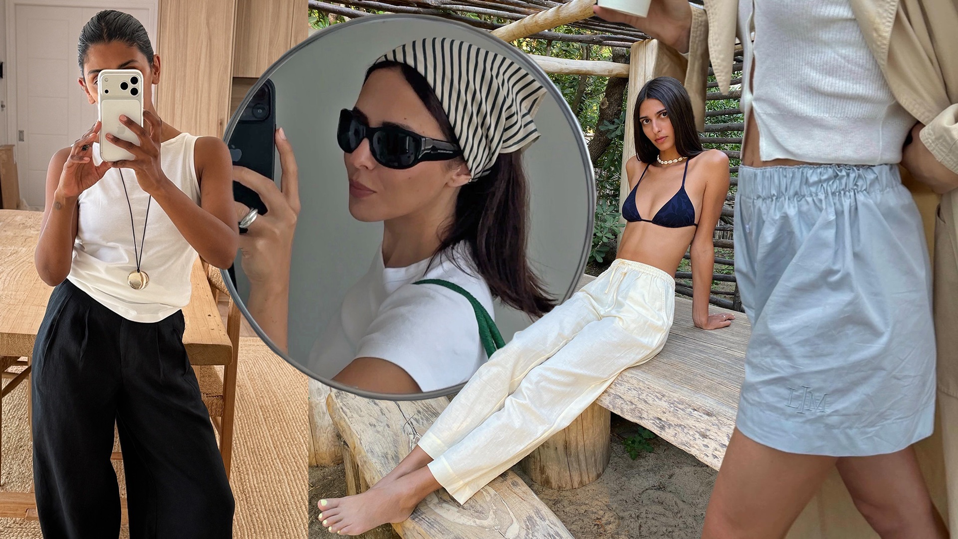 fashion collage of four style influencers wearing chic trendy basics for summer 2026 like elevated basic tops, head scarves, drawstring pants, and boxer-style cotton shorts
