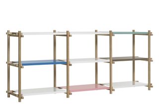 Hay Woody Shelving System with wooden frames and nine different steel shelves in pink, white, blue green and brown