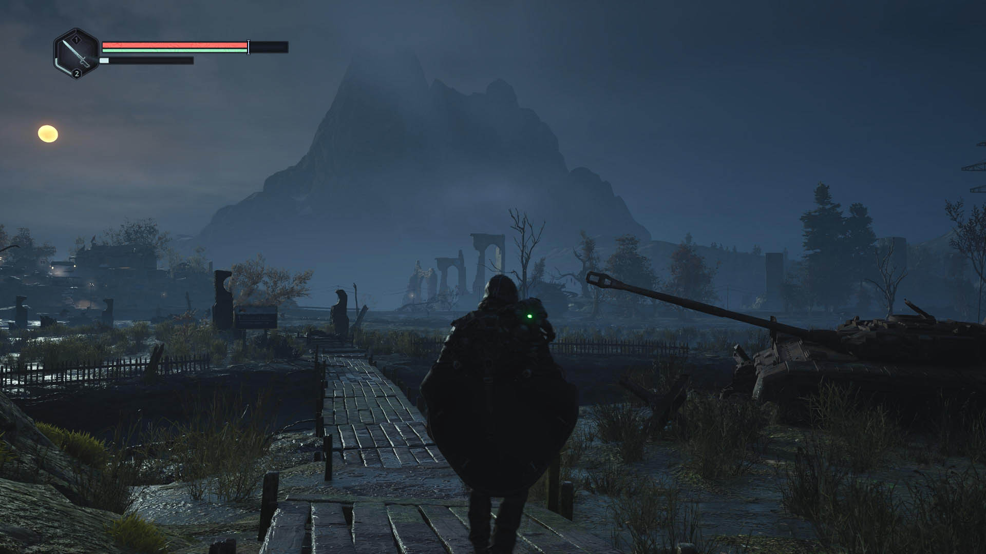 Remi stands in front of a swamp at night in Hell is Us, with wooden plank pathways and a half-submerged tank
