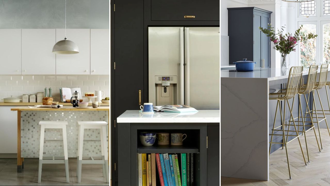 Kitchen island back panel ideas are useful. Here are three of these - a glass tiled kitchen island with white stools underneath it, a black kitchen island with open shelving containing colorful books, and a white marble kitchen island with metal gold chairs underneath