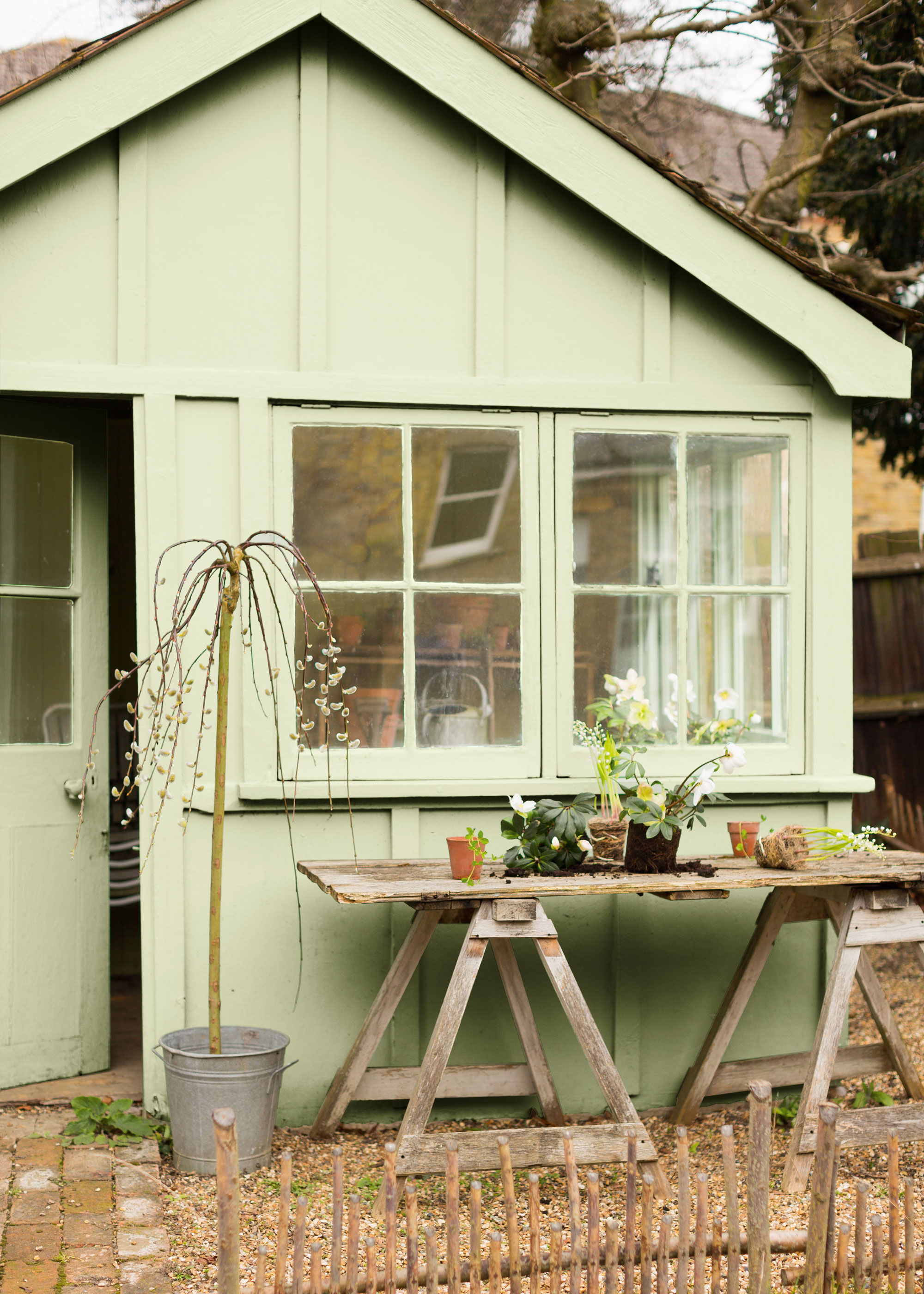 pale green painted shed with door ajar, trestle table with plants, brick garden path, and gravel area