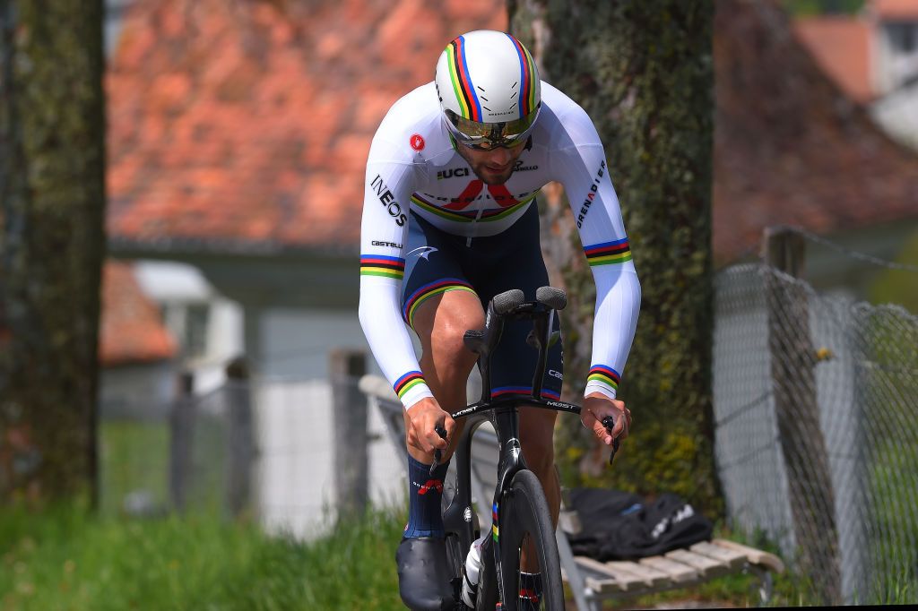 FRIBOURG SWITZERLAND MAY 02 Filippo Ganna of Italy and Team INEOS Grenadiers during the 74th Tour De Romandie 2021 Stage 5 a 1619km Individual Time Trial stage from Fribourg to Fribourg 614m ITT TDR2021 TDRnonstop UCIworldtour on May 02 2021 in Fribourg Switzerland Photo by Luc ClaessenGetty Images