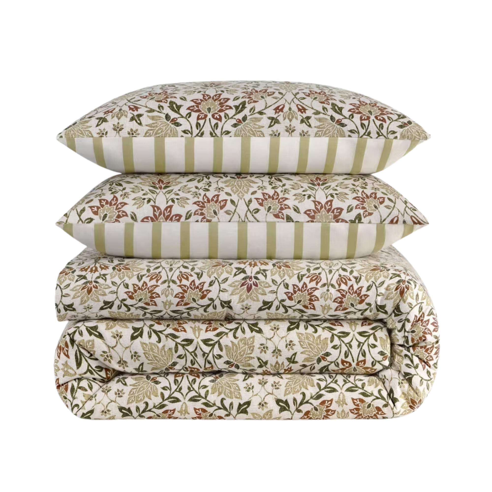 a floral and striped bedding set