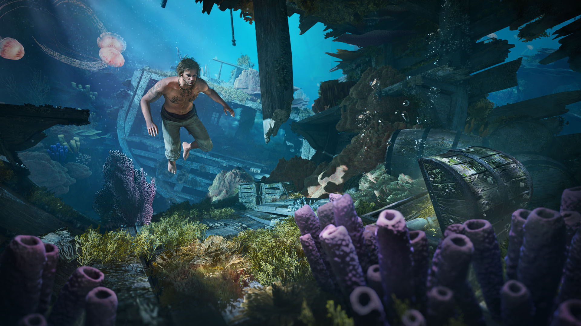 Edward Kenway swims under the water in Assassin's Creed Black Flag Resynced
