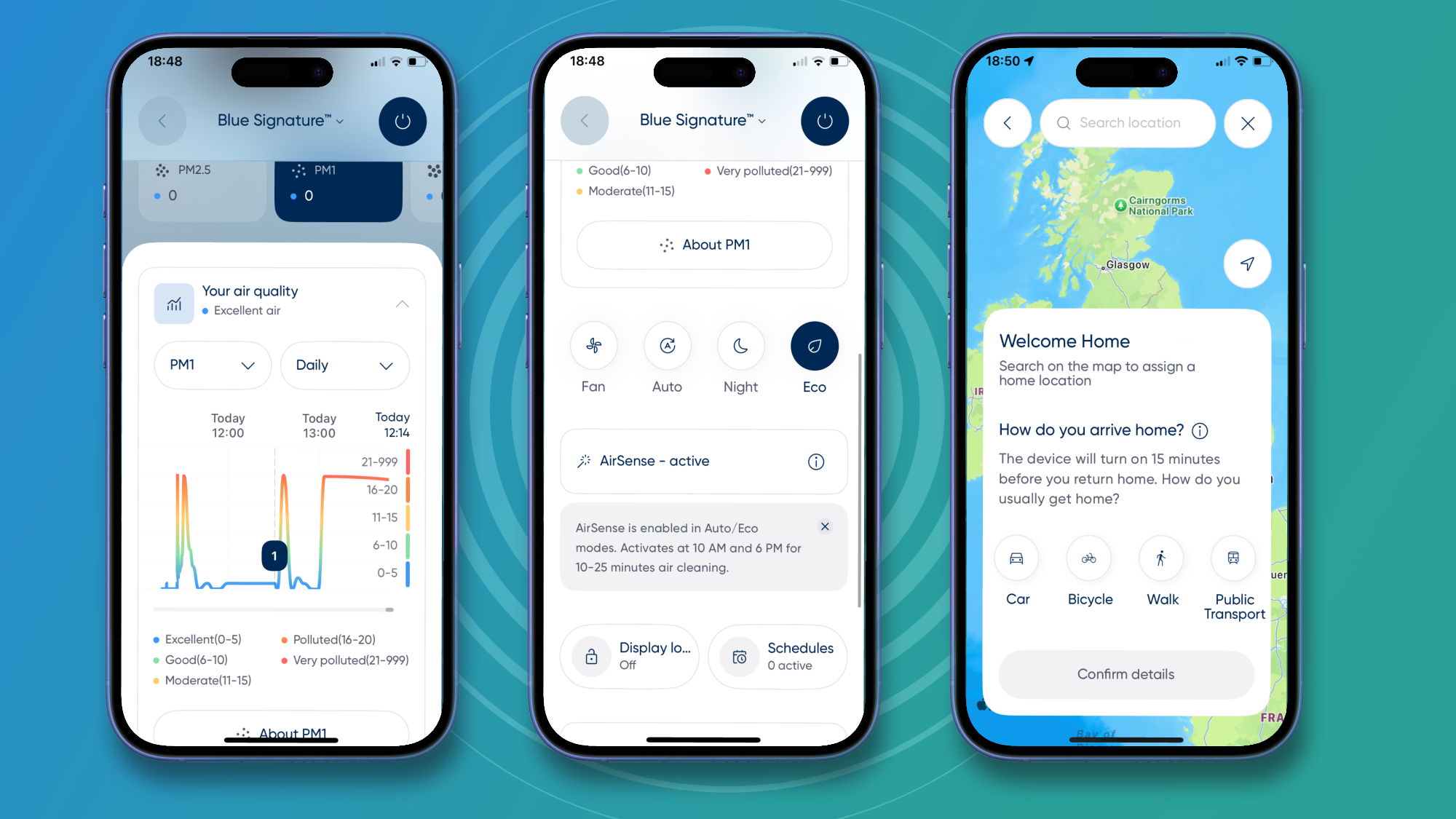 Three phone display screenshots from the Blueair app.