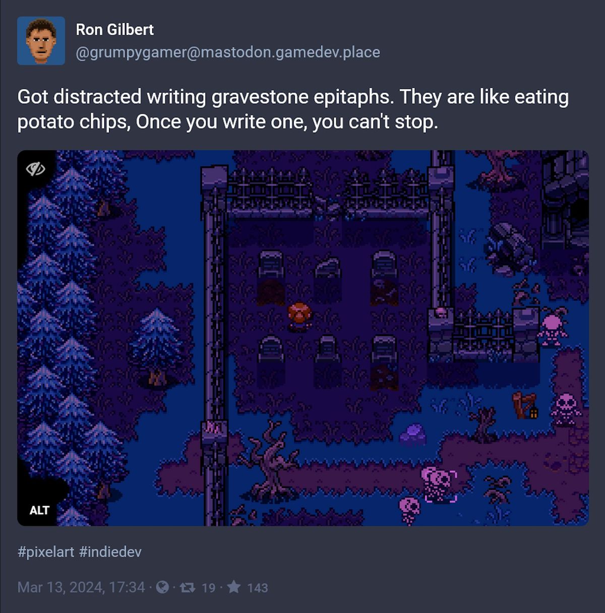 In-progress image of Ron Gilbert's next game: classic Zelda meets Diablo meets Thimbleweed Park
