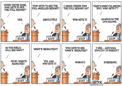 Political Cartoon U.S. William Barr redaction Mueller Report Russia