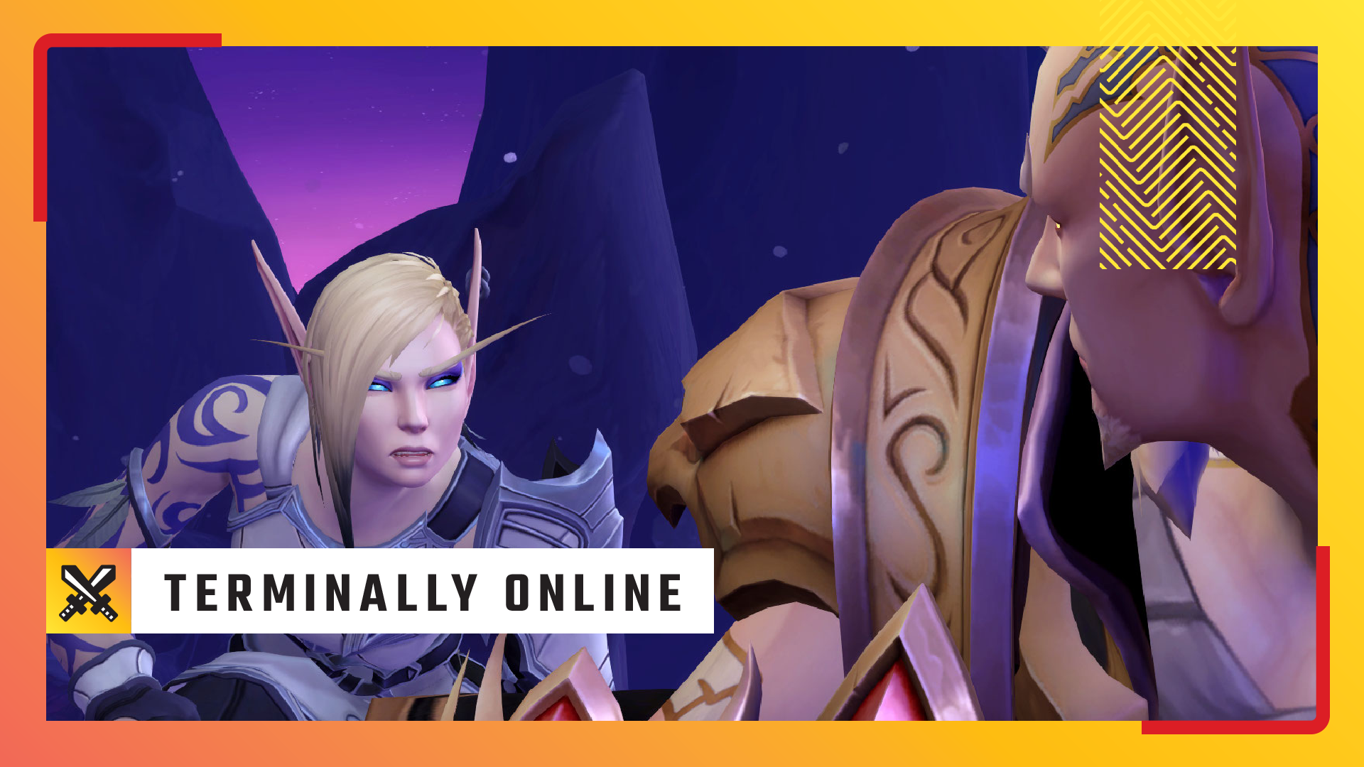 Alleria Windrunner looks at her son with a quizzical expression in World of Warcraft: Midnight, overlayed with PC Gamer's graphics for Terminally Online.