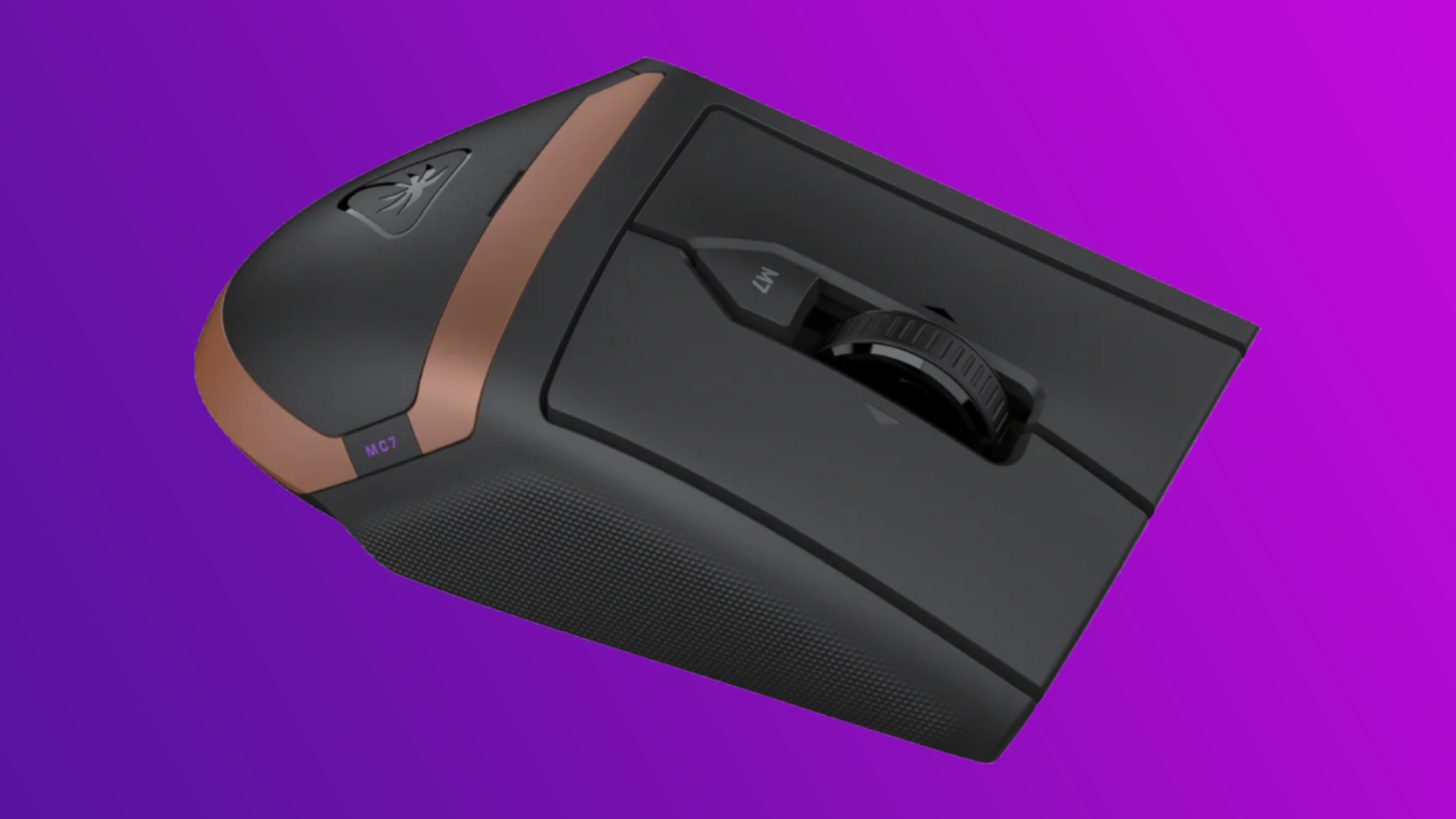 A Turtle Beach Command Series MC7 gaming mouse shot from various angles on pink and purple backgrounds