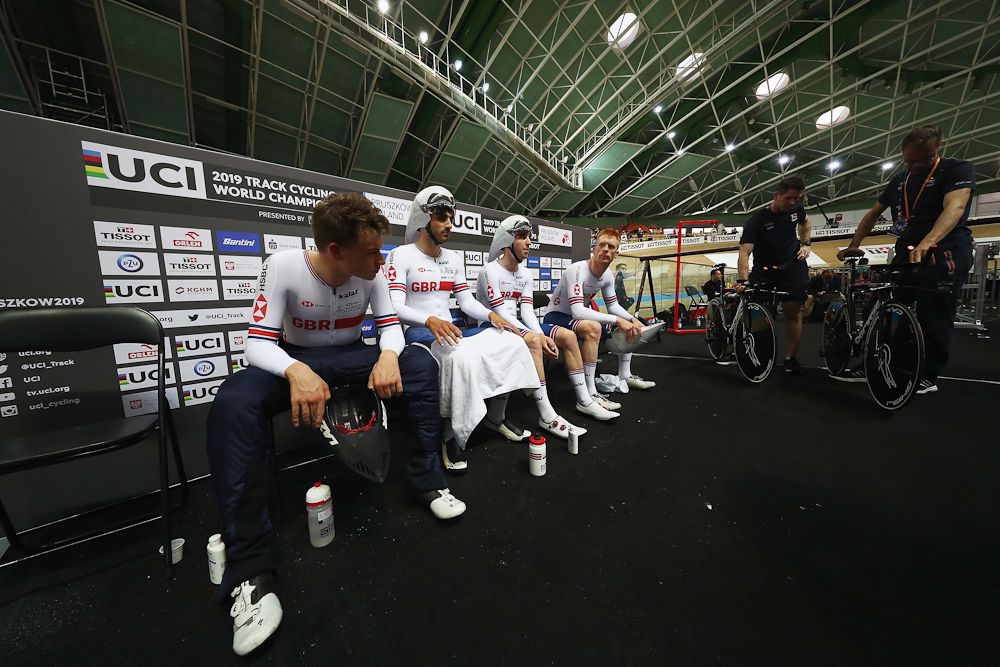 Ethan Hayter, Edward Clancy, Oliver Wood and Kian Emadi of Great Britain or Team GB compete in the men's pursuit qualifying on day one of the UCI Track Cycling World Championships