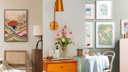 Three pictures: one of a brown room, one of a side table with flowers and a lamp, and one of a green room with wall art