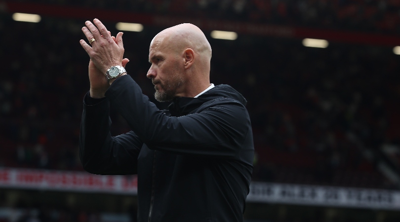 Manchester United manager Erik ten Hag applauds the fans at Old Trafford after his side's 3-2 win over Nottingham Forest in August 2023.