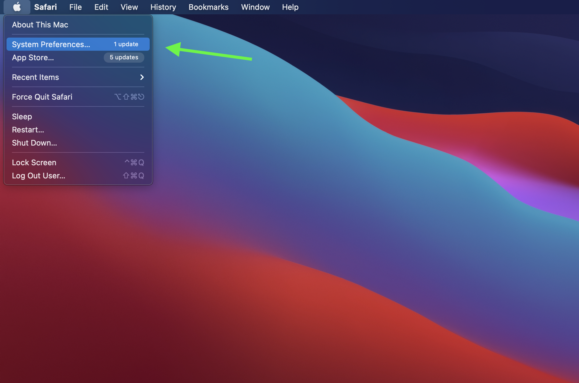 MacOS Monterey install step 2, showing selecting System Preferences in the Apple drop-down menu