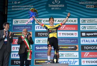 Primoz Roglic on the podium after winning stage 4 of Tirreno-Adriatico