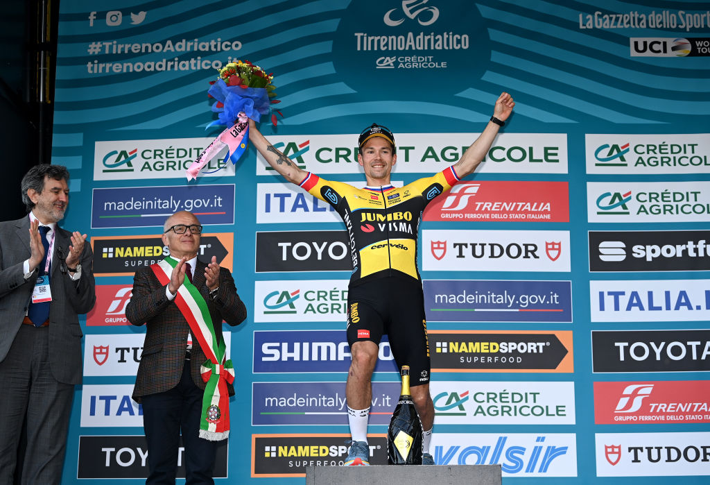 Primoz Roglic on the podium after winning stage 4 of Tirreno-Adriatico