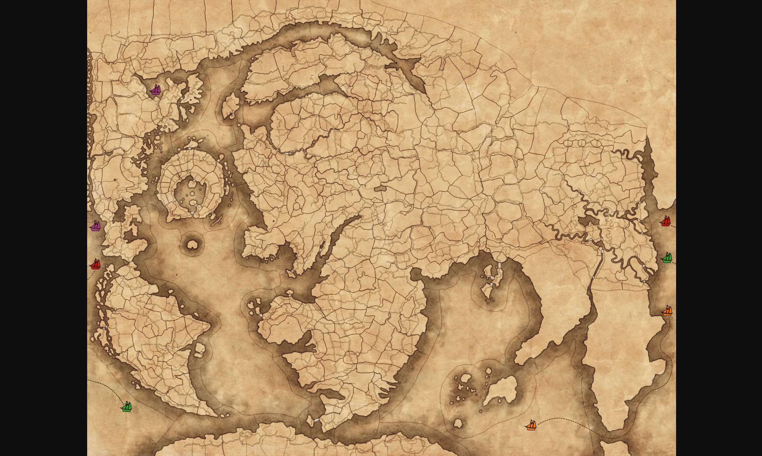 Mapa de Total War: Warhammer 3 Immortal Empires com Sea Lanes marcado