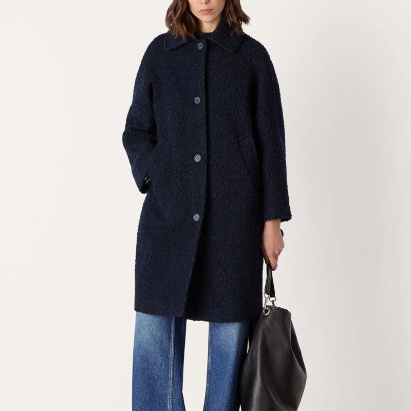 Navy Romy Boucle Coat on model 