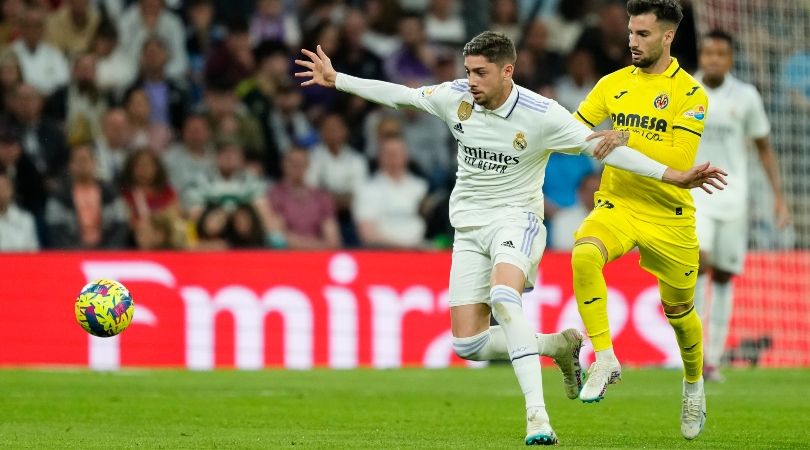 Fede Valverde and Alex Baena during Real Madrid&#039;s 3-2 defeat to Villarreal in LaLiga in April 2023.