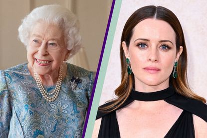 Claire Foy pays tribute to the Queen - Her Majesty, Queen Elizabeth II side by side with actress Claire Foy in a green and purple template