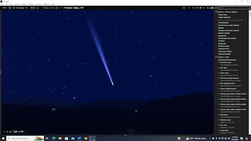 computer-generated image showing a bluish-white comet in a dark blue evening sky