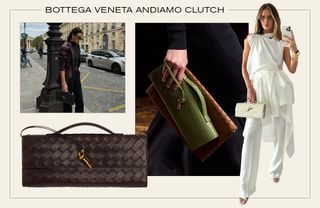 a collage of runway, celebrity, and product imagery highlighting the Bottega Veneta Andiamo Clutch