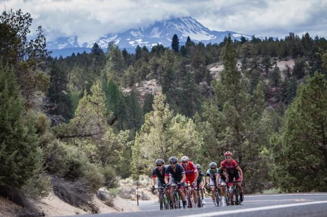 Hincapie riders leading the break up the feed zone climb