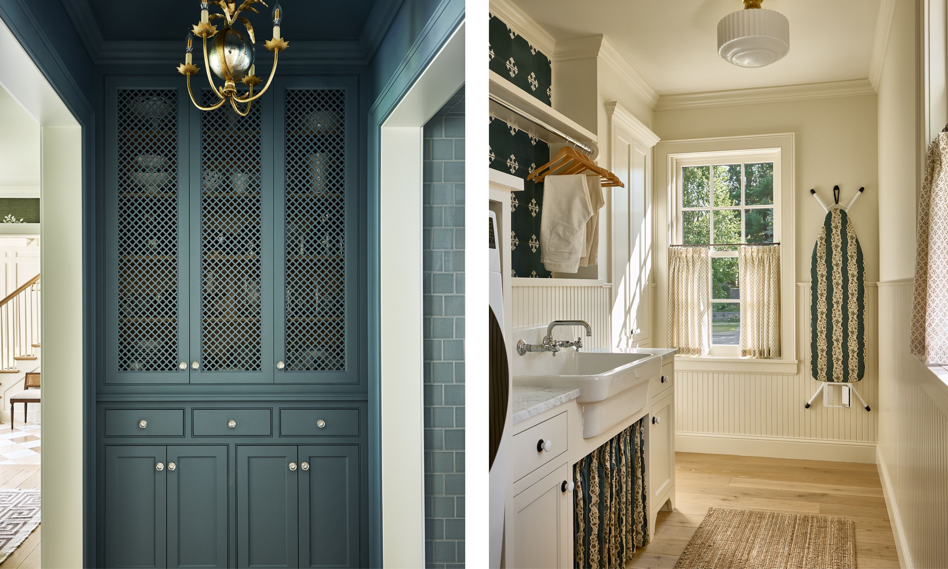 Left: a muted blue floor-to-ceiling cabinet for storing china. Right: a laundry room with warm white walls, wooden floors, white cabinets, and a traditional sink. A window with a cafe curtain and an ironing board on the wall.