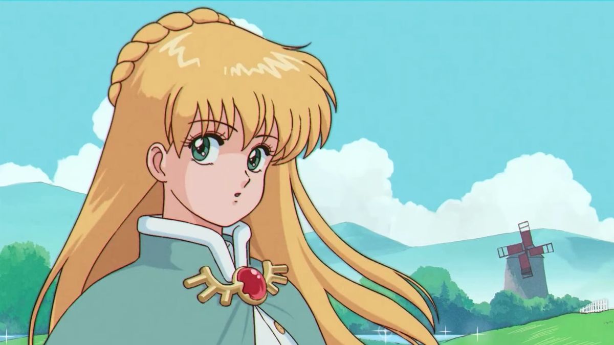 Fields of Mistria animated trailer - a blonde girl in anime style wearing a cloak looks to the camera surprised in front of an idyllic meadow and mountain landscape