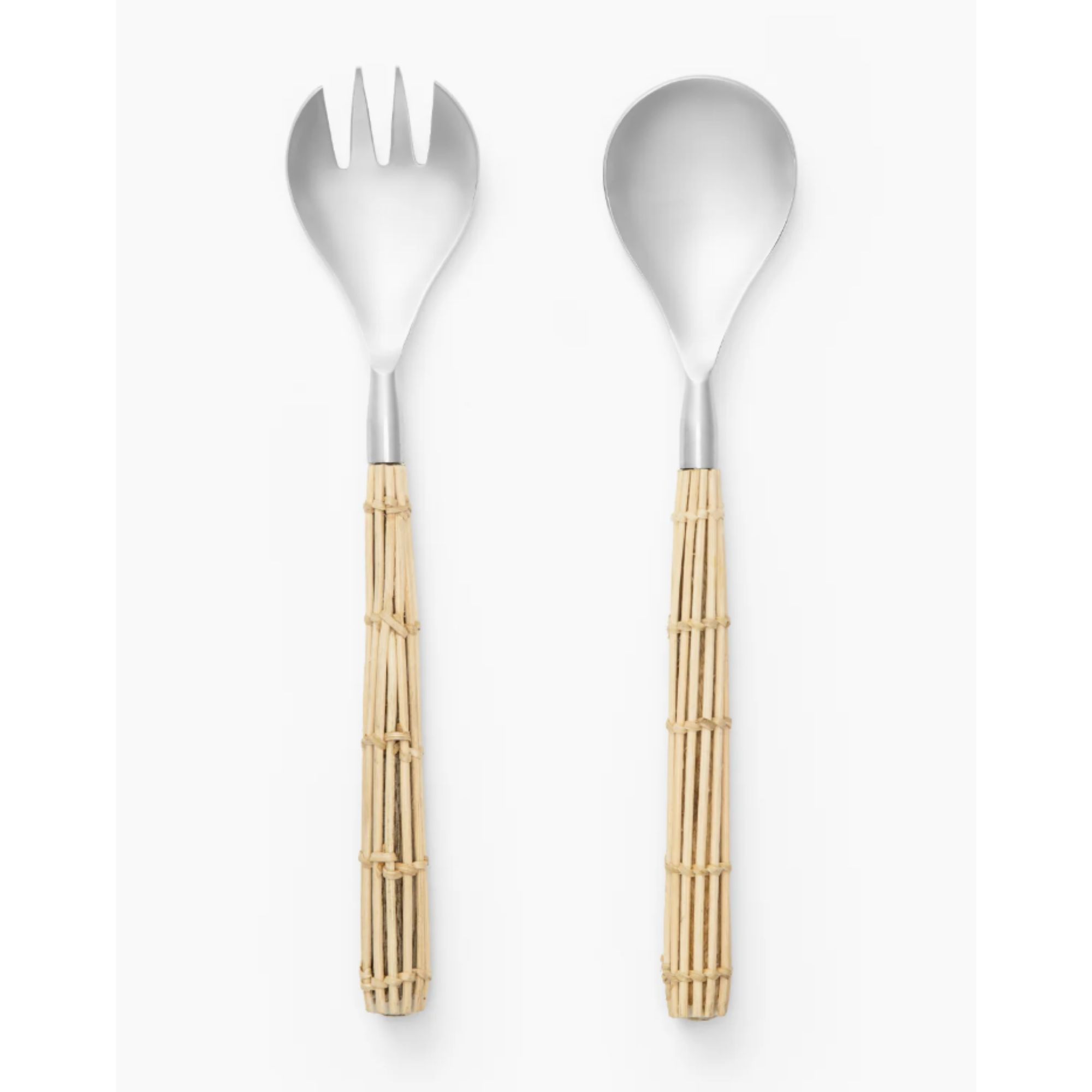 Rattan and stainless steel salad servers