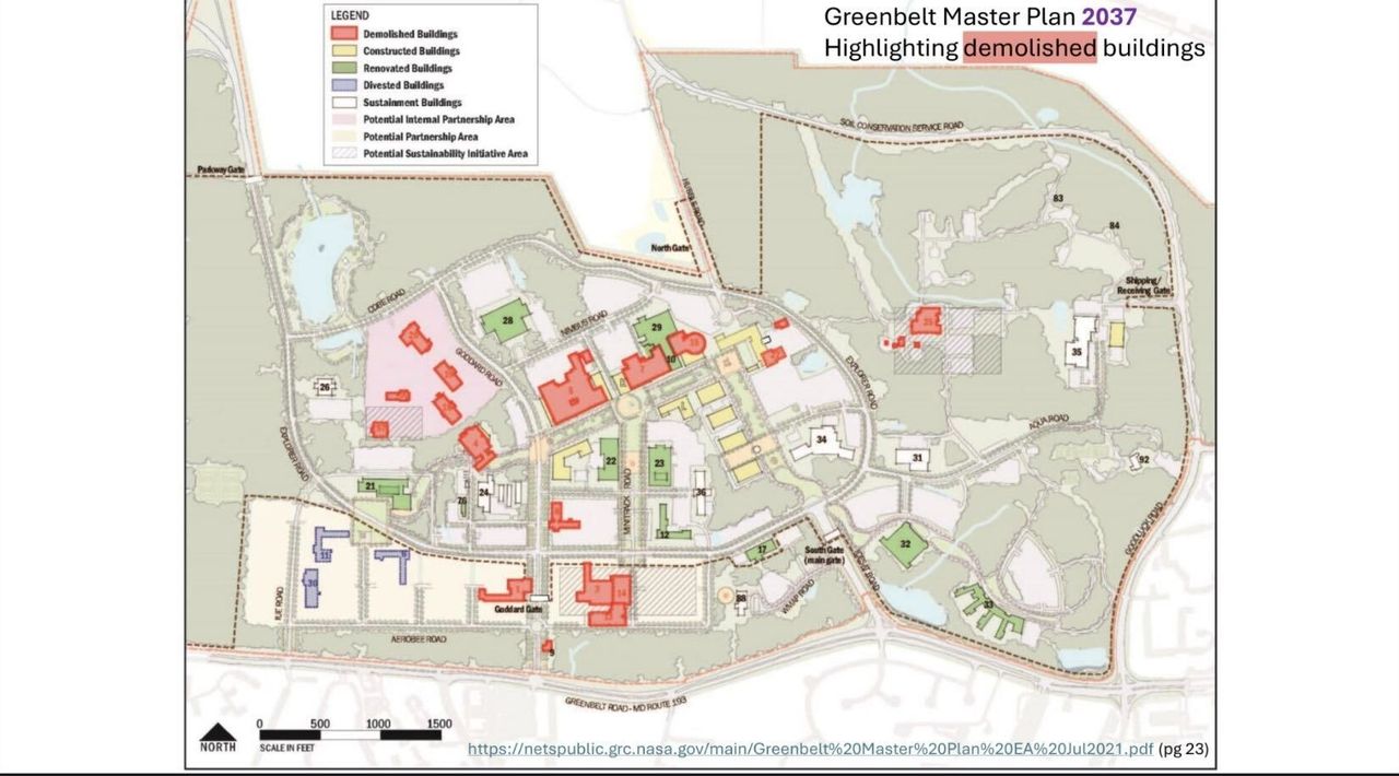 a map with highlighted buildings and a red line down the left-center.