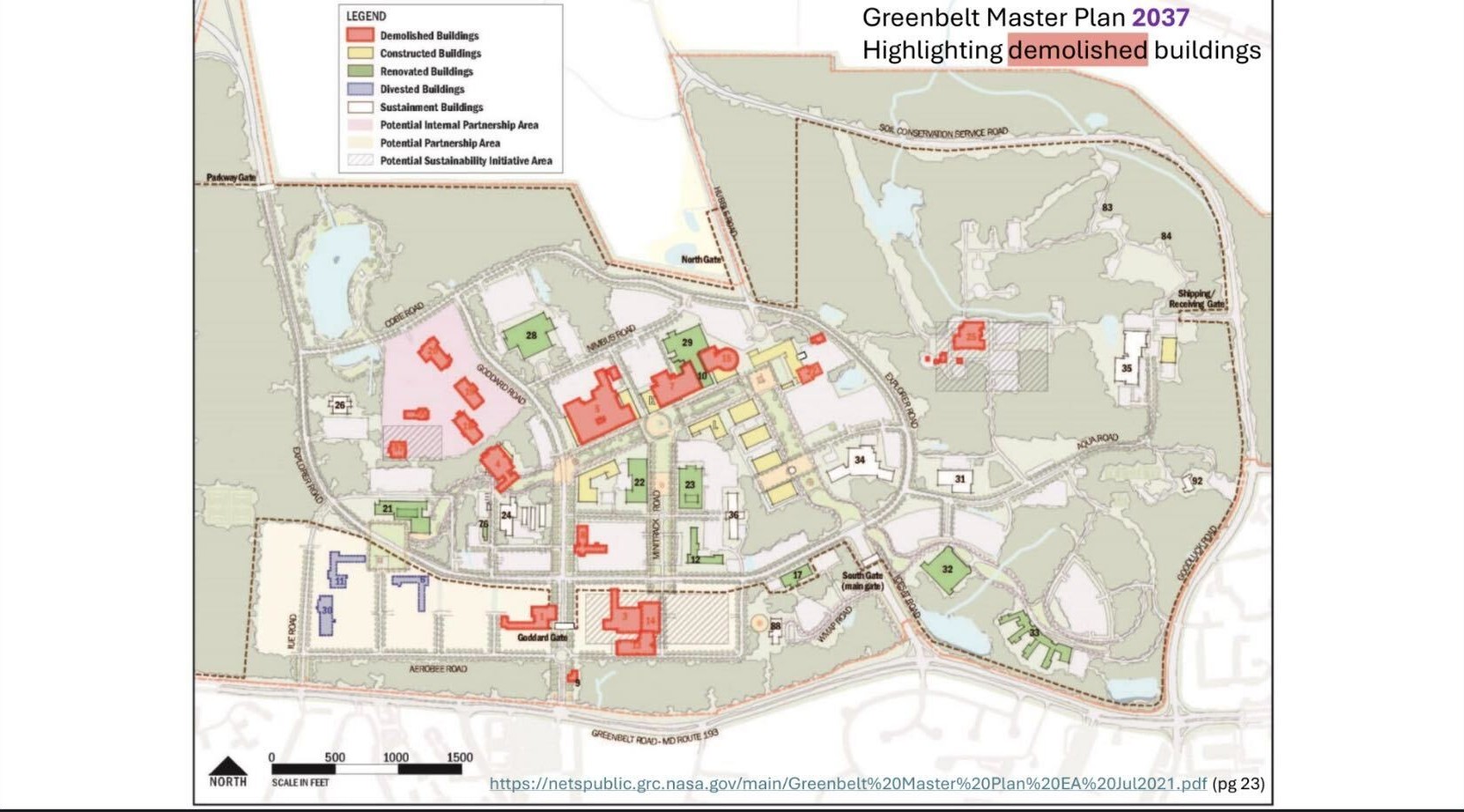 a map with highlighted buildings and a red line down the left-center.