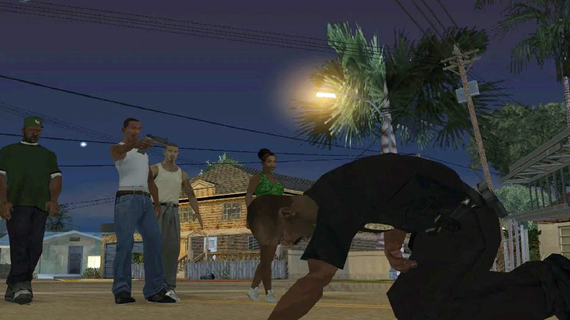 CJ and the crew stand over Officer Tenpenny as he dies on Grove Street in GGTA Sand Andrea