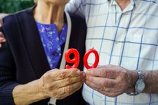elderly couple celebrating 90th birthday together. 90 years anniversary in the old age