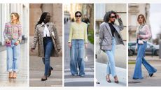 Five women with different body shapes wearing jeans illustrating the best jeans for body type