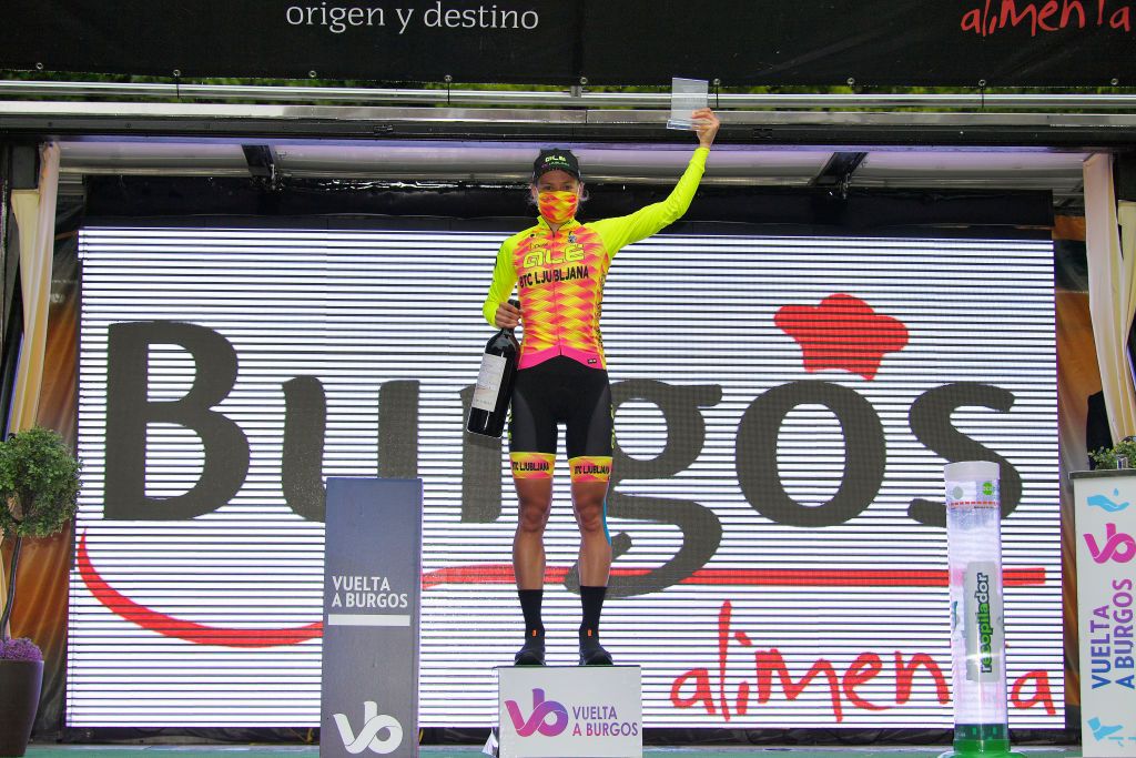 VILLARCAYO SPAIN MAY 21 Anastasia Chursina of Russia and Ale Btc Ljubljana Team stage winner celebrates at podium during the 6th Vuelta A Burgos Feminas 2021 Stage 2 a 97km stage from Pedrosa de Valdeporres to Villarcayo VueltaBurgos BurgosFem UCIWWT on May 21 2021 in Villarcayo Spain Photo by Luc ClaessenGetty Images