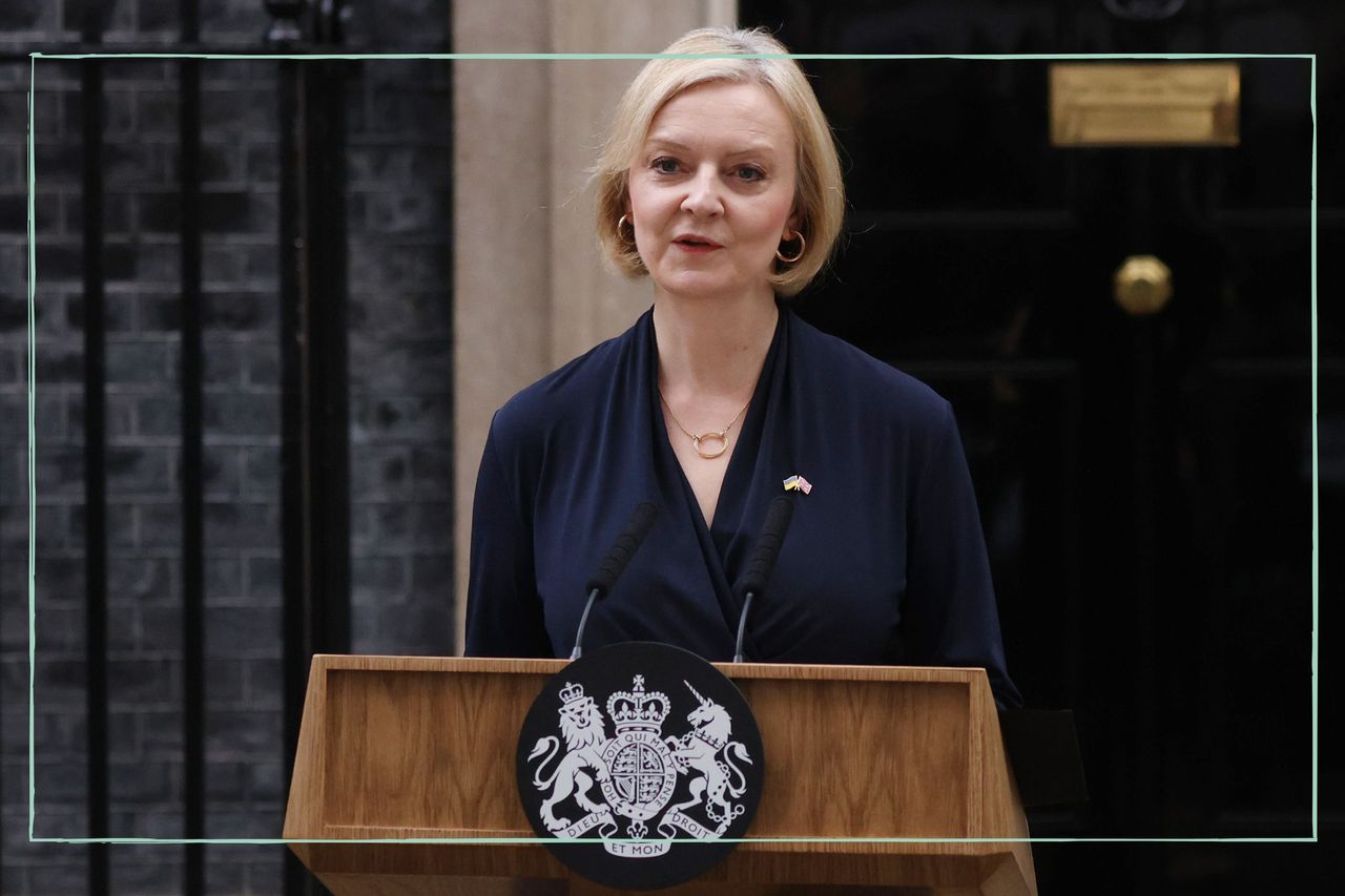 Liz Truss standing behind a lectern giving her resignation speech