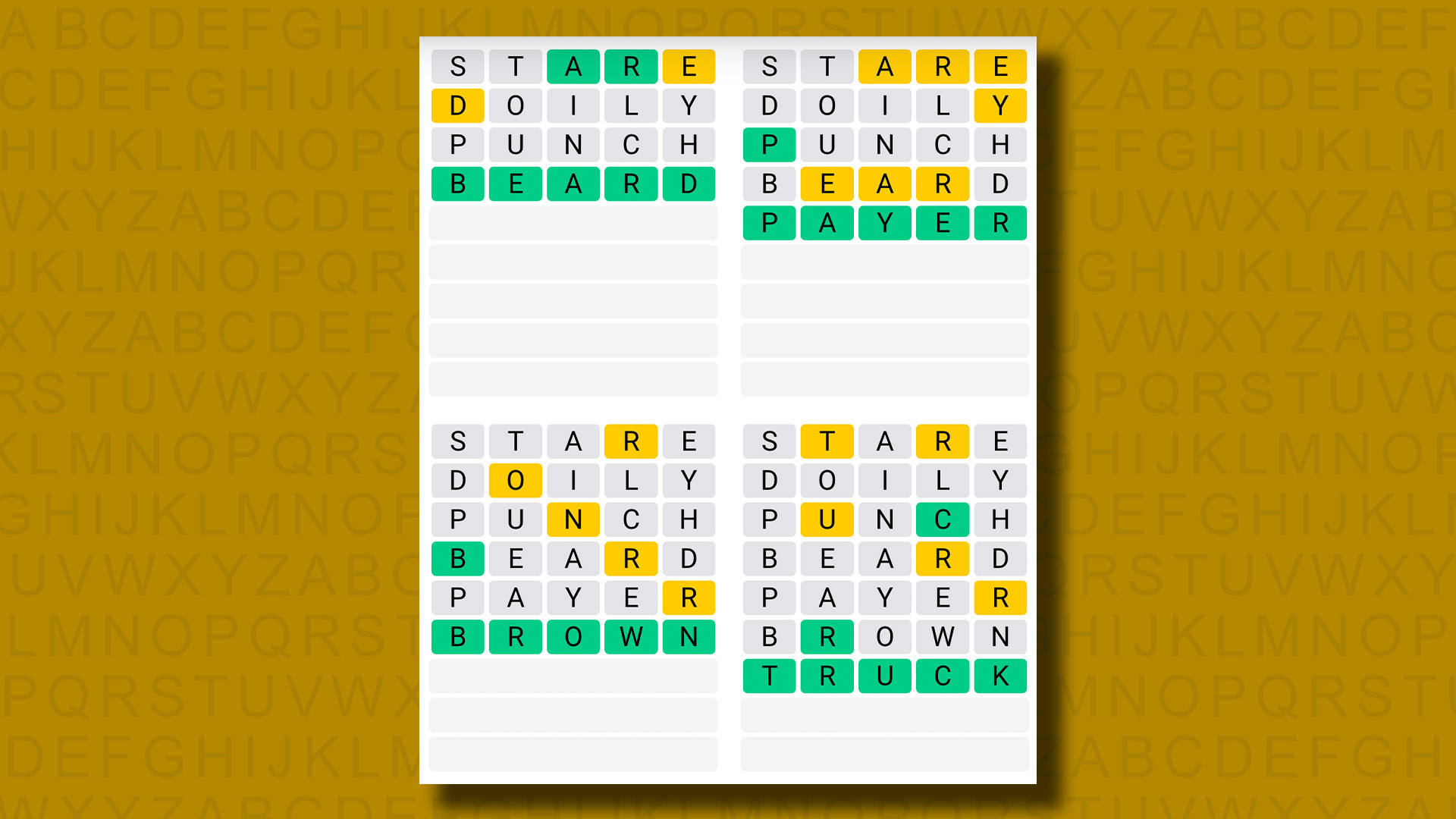 Quordle answers for game 941 on yellow background