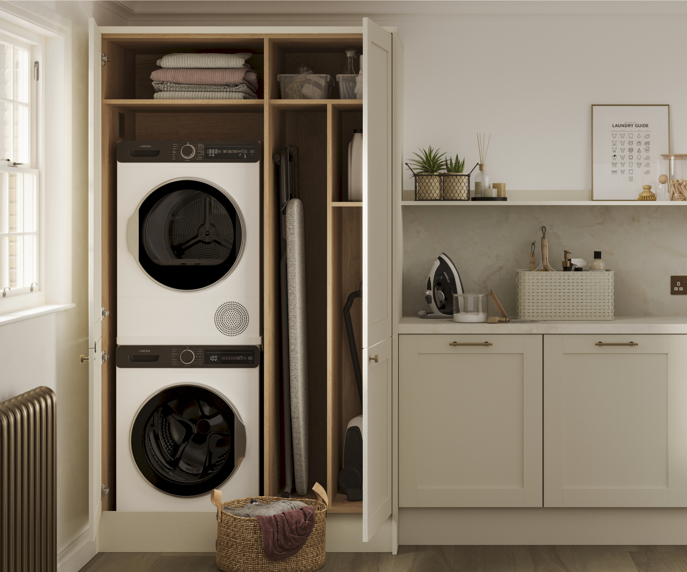 sage green cupboards in utility with washer and dryer stacked in a floor to ceiling cupboard