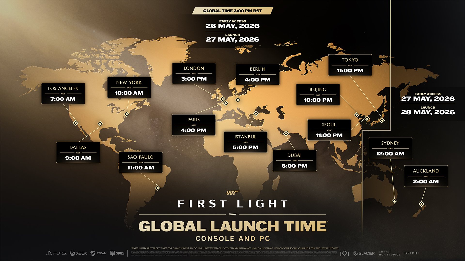 A world map with launch times for "First Light" on May 27, 2026. Cities listed with times: Los Angeles 7:00 AM, New York 10:00 AM, London 3:00 PM, and more.