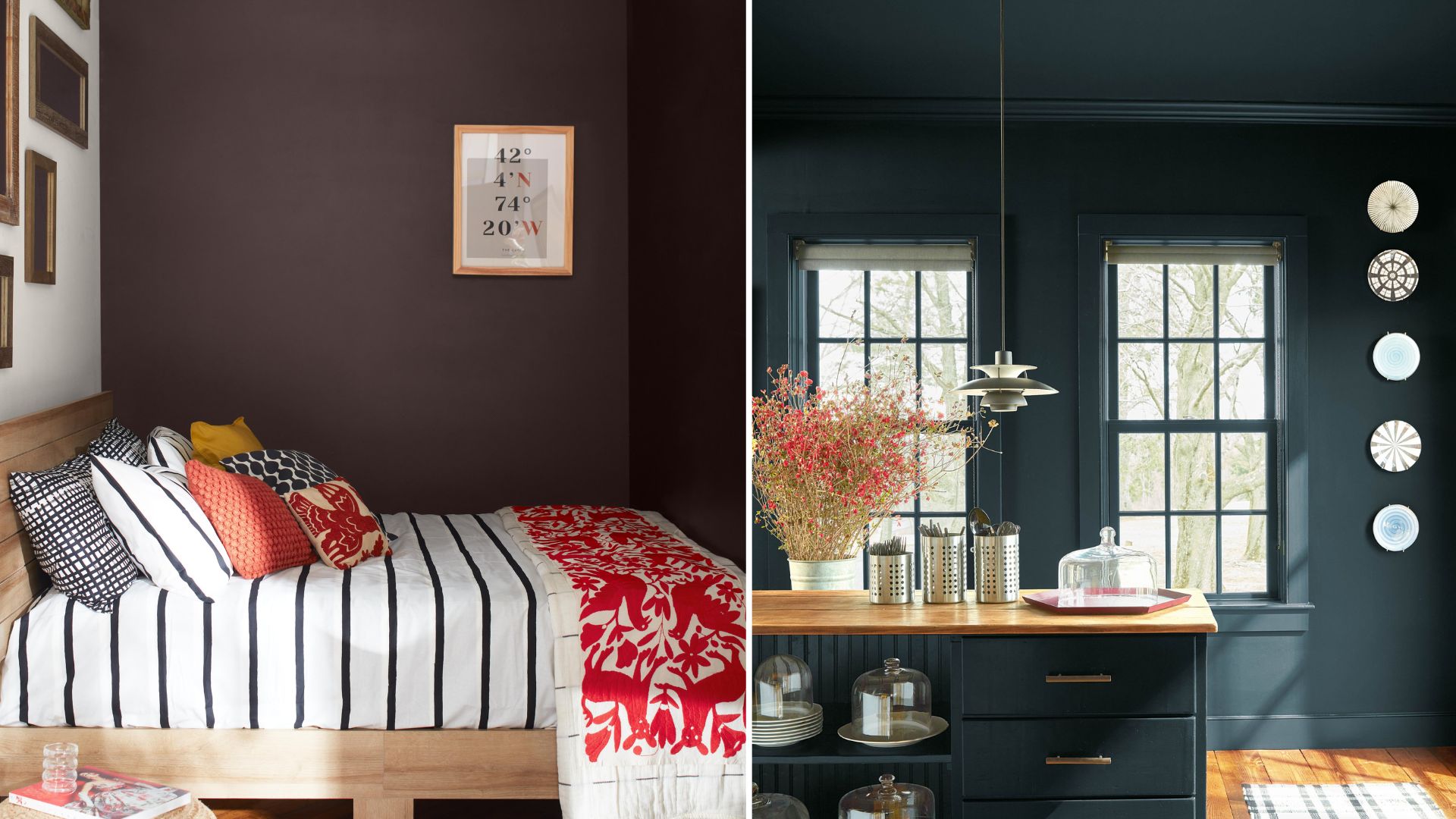 Collage of a bedroom and a kitchen painted with dark colours to show how to make a room look bigger with paint