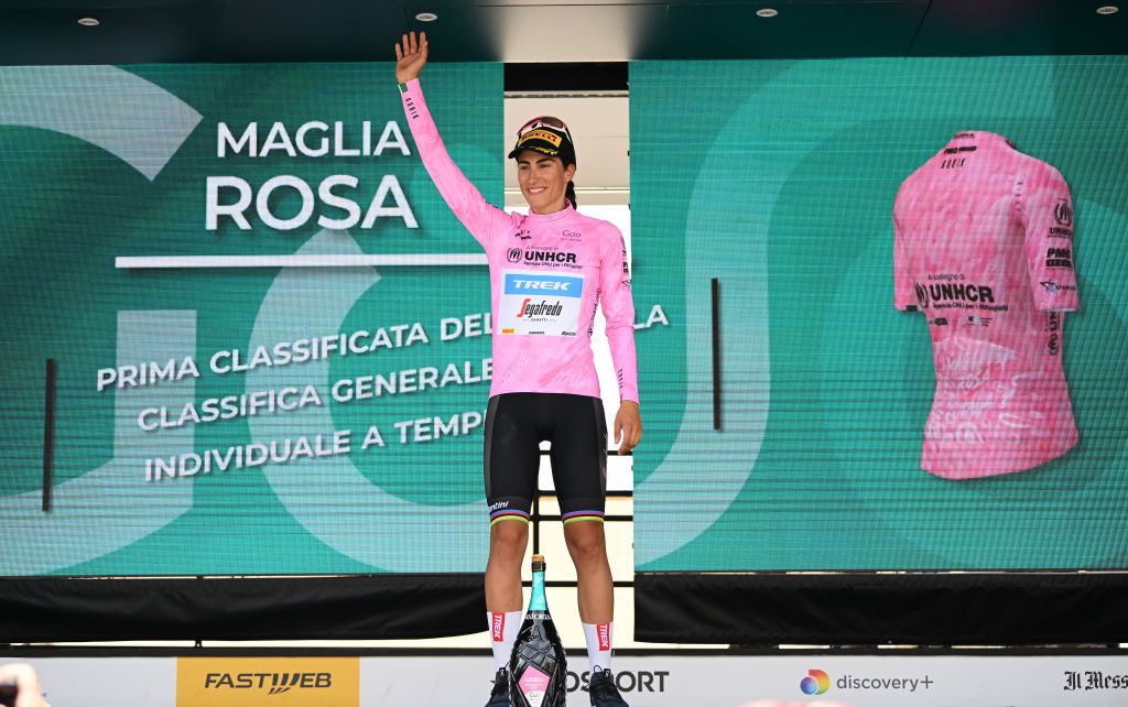 OLBIA ITALY JULY 02 Elisa Balsamo of Italy and Team Trek Segafredo Pink Leader Jersey celebrates at podium during the 33rd Giro dItalia Donne 2022 Stage 3 a 1134km stage from Cala Gonone to Olbia GiroDonne UCIWWT on July 02 2022 in Olbia Italy Photo by Dario BelingheriGetty Images
