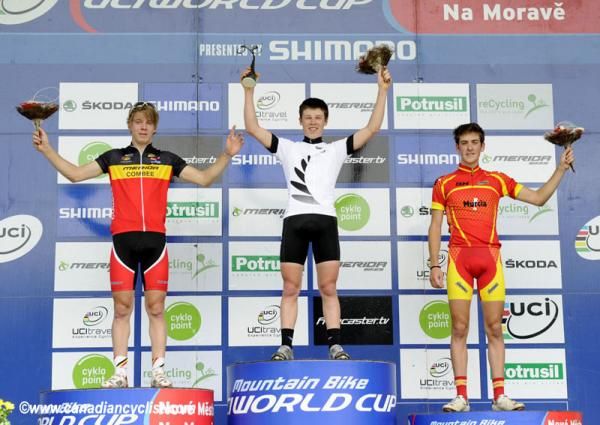 Junior men's World Cup podium in Czech: Jens Schuermans, Anton Cooper, Pablo Rodriguez