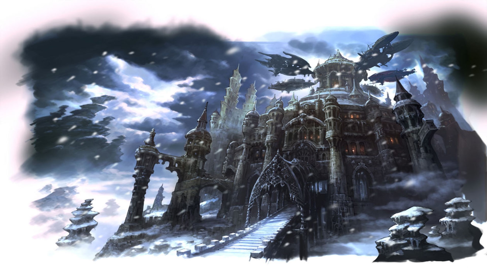 Arte conceptual de la siniestra ciudad congelada de Bravely Default