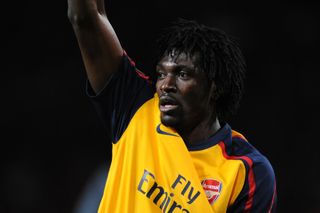 Emmanuel Adebayor of Arsenal reacts during the UEFA Champions League semi-final first leg match between Manchester United and Arsenal at Old Trafford on April 29, 2009 in Manchester, England.