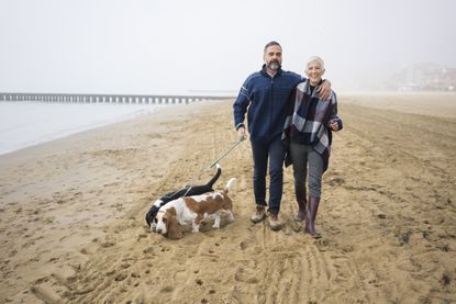 Couple at beach walking with their dogs