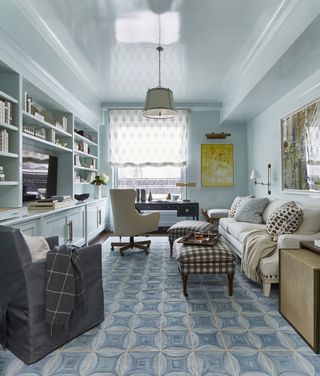 living room color drenched in light blue paint in gloss finish