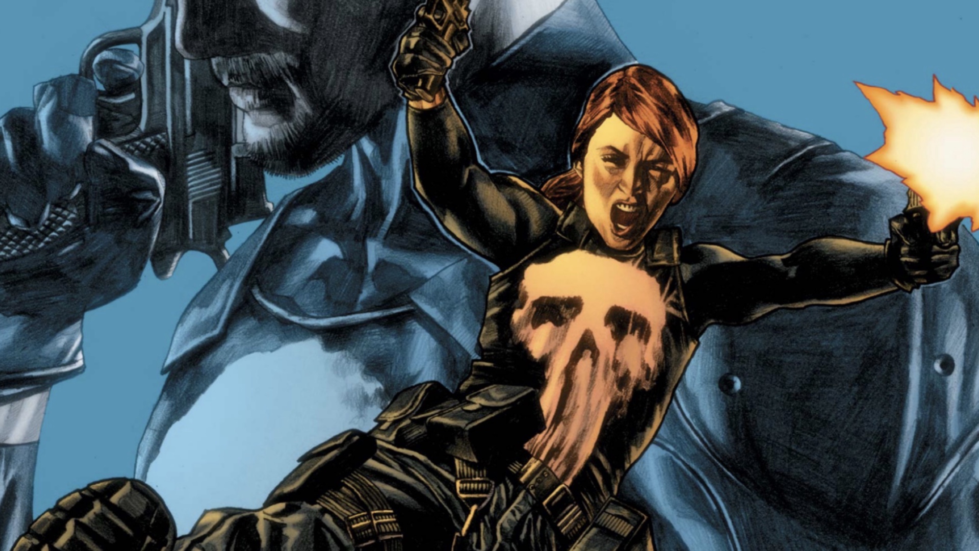 Rachel Cole leaping into action wearing her own Punisher skull shirt