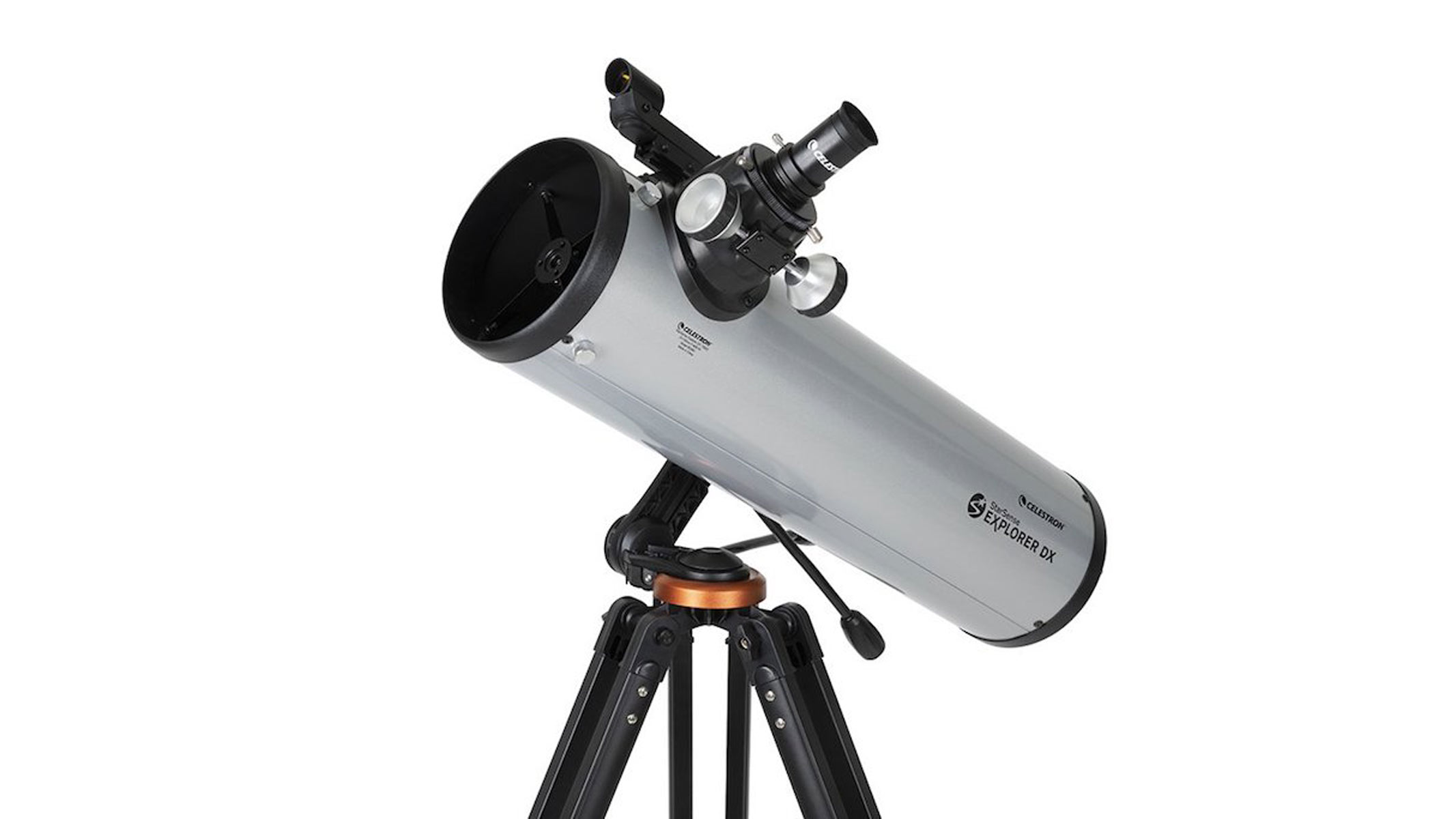 The Celestron StarSense Explorer DX 130AZ telescope pointing at the sky against a white background.
