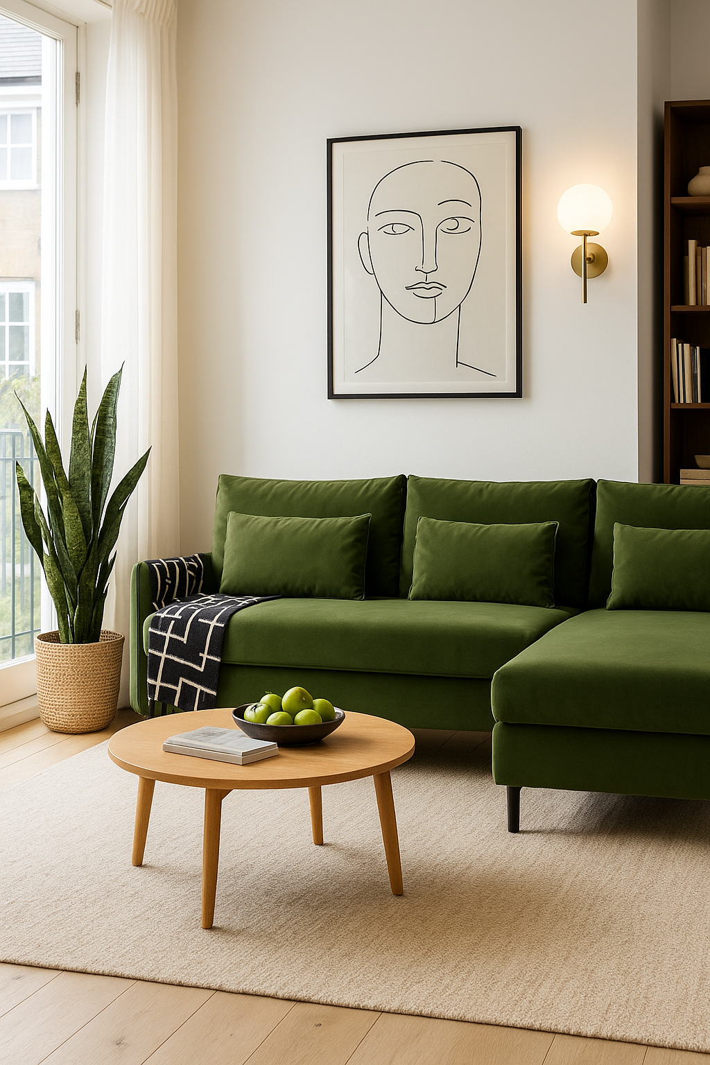 image of a green chaise lounge sofa in a modern living room.